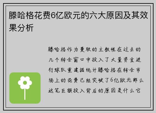 滕哈格花费6亿欧元的六大原因及其效果分析